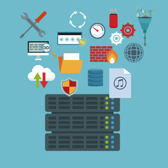 color background with rack server router and technology elements in icons floating vector illustration