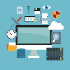 color background with computer display and technology elements in icons floating around vector illustration