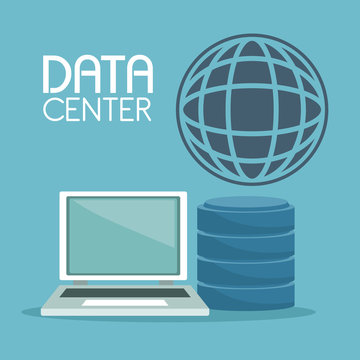 color background with laptop computer and rack drive global symbol and text data center vector illustration