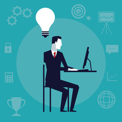 color background with executive man sitting in desk with tech device in office having a idea vector illustration