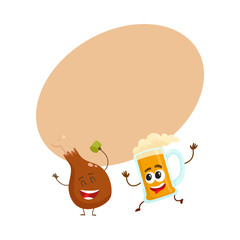 Funny beer mug and fried chicken leg characters having fun, cartoon vector illustration with space for text. Funny smiling beer mug and chicken leg, drumstick having party together