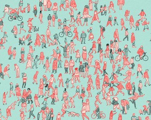 Big Crowd of Cartoon Men and Women Walking on Blue Background