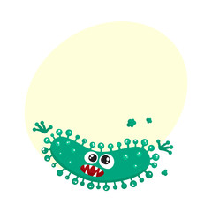 Ugly green virus, germ, bacteria character with human face, cartoon vector illustration with space for text. Scary bacteria, virus, germ monster with human face and sharp teeth