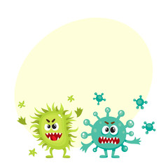 Couple of virus, germ, bacteria characters with human faces and sharp teeth, cartoon vector illustration with space for text. Scary bacteria, virus, germ monsters, pathogens, microorganisms