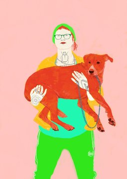 Illustration of woman holding dog