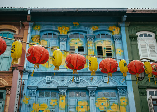 Singapore - November 10, 2015: The colorful streets of Singapore's Chinatown are decorated with lanterns during the city-state's 50 year anniversary