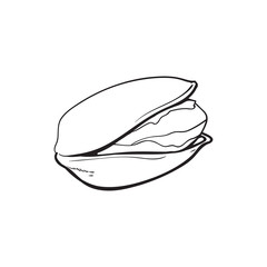 Single black and white pistachio nut, hand drawn sketch style vector illustration isolated on white background. Realistic hand drawing of pistachio nut, vegetarian snack
