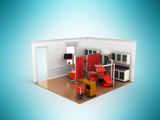 Isometric dentist office red 3d rendering on blue background