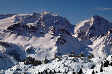 Fototapeta na wymiar Marmolada group mountain as seen from Passo Campolongo - Alta Badia, Dolomites, Italy.