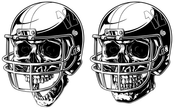 Graphic human skull in american football helmet