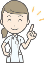 An illustration that a nurse wearing a white suit is pointing a finger with a smile