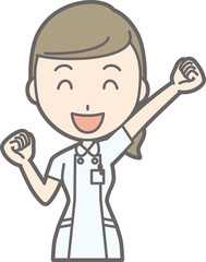 An illustration that a nurse wearing a white suit raises one hand and is playing a guts pose