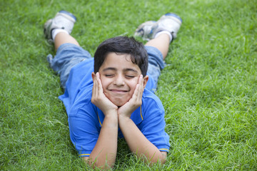 Fototapeta na wymiar Smiling young boy lying on grass 