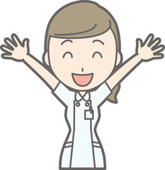 Illustration that a nurse wearing a white coat lifts both hands with a smile