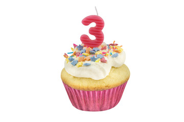 Happy birthday cup cake with star sprinkles and number 3 pink candle on white table with pink background - Birthday celebration background for a little girl - photo