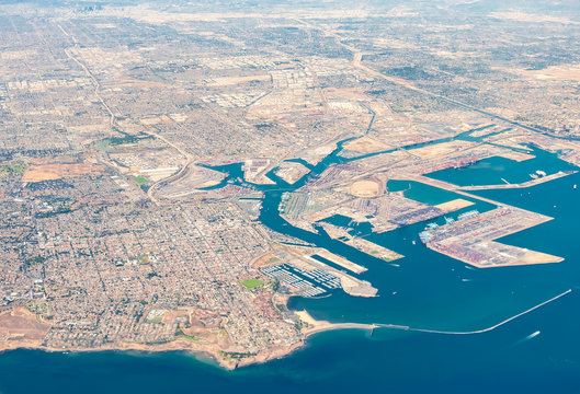 Aerial view of San Pedro, Terminal Island and Long Beach, California