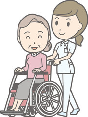 Illustration walking by a nurse wearing a white coat pushing a wheelchair on an older woman