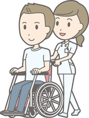 An illustration that a nurse wearing a white suit is pushing a wheelchair where a young man is sitting