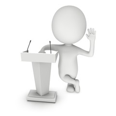 3d Speaker Podium and small man. Tribune Rostrum Stand with Microphones. 3d render isolated on white background. Debate, press conference concept