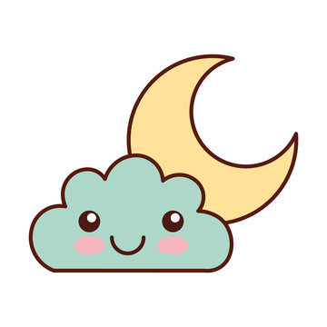 Kawaii Crescent Moon And Cloud Line Art - Desenhos Kawaii Para