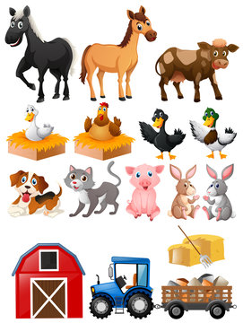 Farm animals with barn and tractor