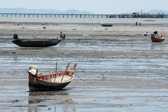 Fishing boats during the period of low tide