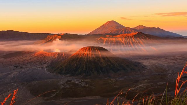 The Bromo Volcano Sunrise Landmark Nature Travel Place Of Indonesia  4K Time Lapse (zoom out)
