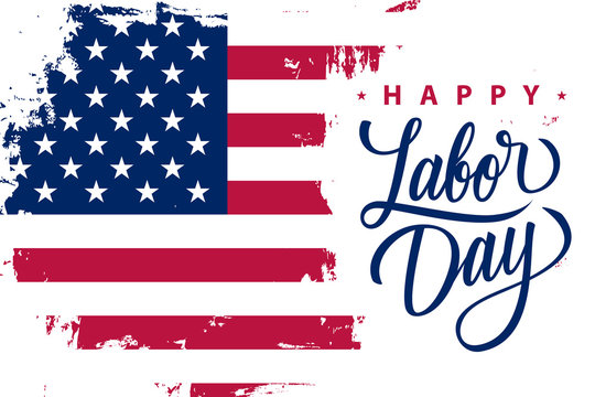 Happy Labor Day holiday banner with brush stroke background in United States national flag colors and hand lettering text design. Vector illustration.