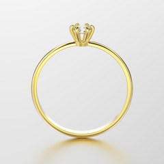 3D illustration yellow gold traditional solitaire engagement pec head ring with diamond with reflection