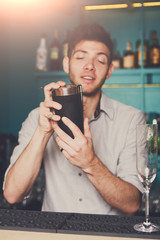 Bartender shaking and mixing alcohol cocktail