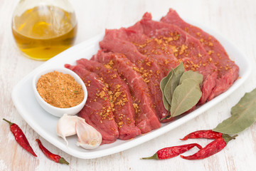 raw meat with herbs on white dish on wooden background