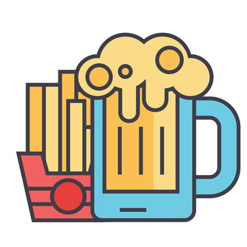 Beer craft, fries, fast food, man dinner, bistro, pub, brevery concept. Line vector icon. Editable stroke. Flat linear illustration isolated on white background