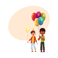 Black and Caucasian little boys with balloons, birthday celebration party, cartoon vector illustration with space for text. Two boys, kids at birthday party, holding balloons