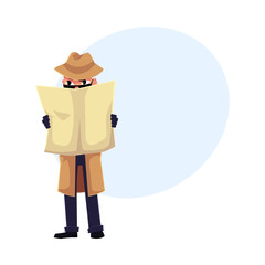 Comic detective character spying on somebody, hiding behind newspaper, cartoon vector illustration with space for text. Full length portrait of funny detective character at surveillance work