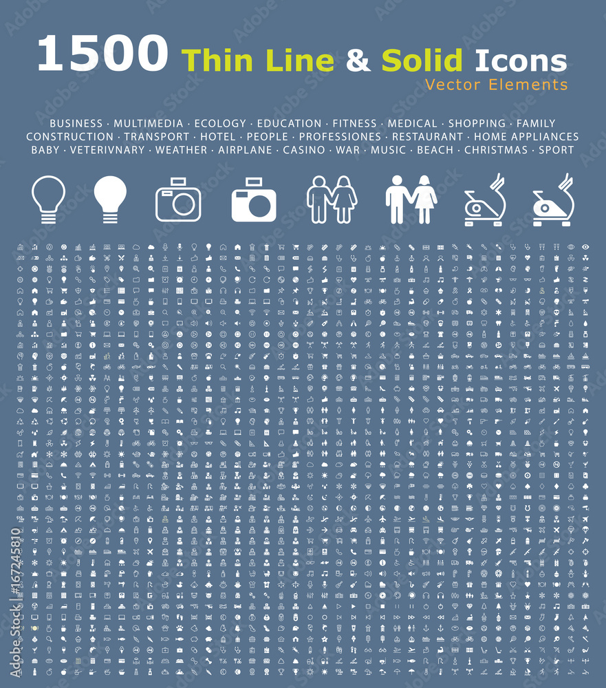 Poster set of 1500 thin line and solid icons . isolated elements