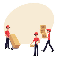 Young man working as courier, delivering goods, parcel, boxes, cartoon vector illustration with space for text.