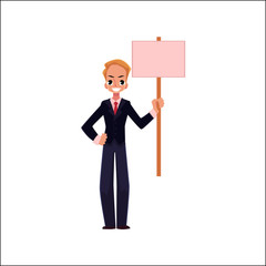 Vector office worker with blank pink banner placard isolated illustration on a white background. Business emplyee character holds pink placard, shows thumbs up sign. Business promotion template design