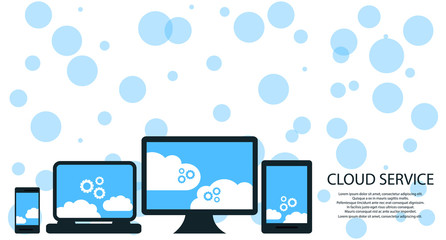 modern cloud services and Cloud Computing Elements Concept. Devices connected to the cloud with Gears. Flat Illustration.