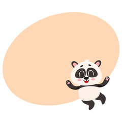 Cute and funny smiling baby panda character jumping from happiness, cartoon vector illustration with space for text. Happy little panda bear character, mascot jumping excitedly