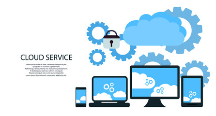 modern cloud services and Cloud Computing Elements Concept. Devices connected to the cloud with Gears. Flat Illustration. - 167245889