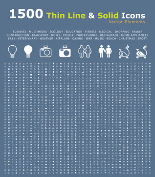 Set of 1500 Thin Line and Solid Icons . Isolated Elements