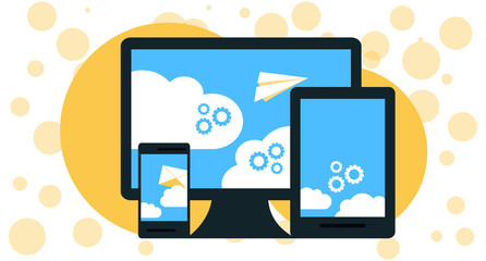 modern cloud services and Cloud Computing Elements Concept. Devices connected to the cloud with Gears. Flat Illustration.