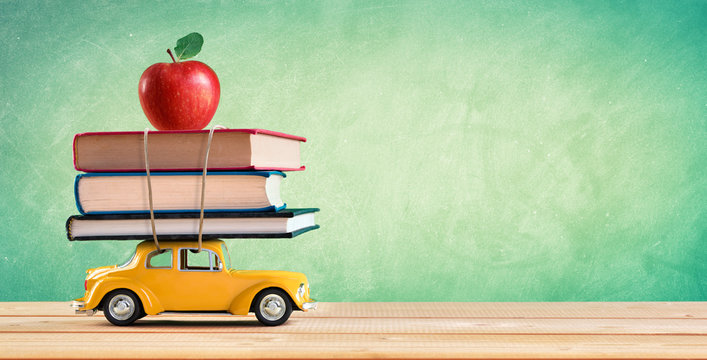 Back To School Concept - Shopping Books And Apple