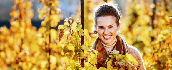 Portrait of happy young woman standing in autumn vineyard
