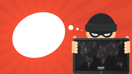 Cartoon hacker is holding a hacked tablet on a red background. Black markers with cracked red locks on the map of the earth. The system is hacked. Vector illustration