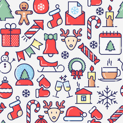 Christmas seamless pattern with thin line New Year and Christmas symbols for web page, banner, invitation, greeting card, print media. Vector illustration.
