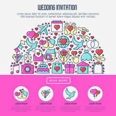 Wedding invitation concept with thin line icons of dove, camera, photographer, bride, dress, balloons. Vector illustration for banner, web page, print media.