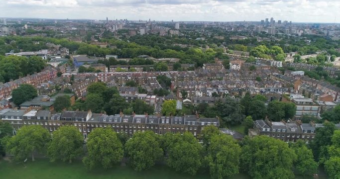 Aerial dollly view of a typical Victorian village in North London