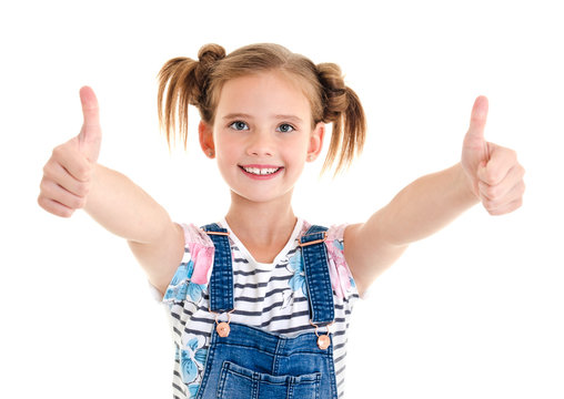 Portrait Of Adorable Smiling Little Girl Child With Two Thumbs Up
