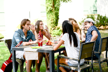 group of friends having fun picnic lunch party outdoor in backyard during summer holiday vacation